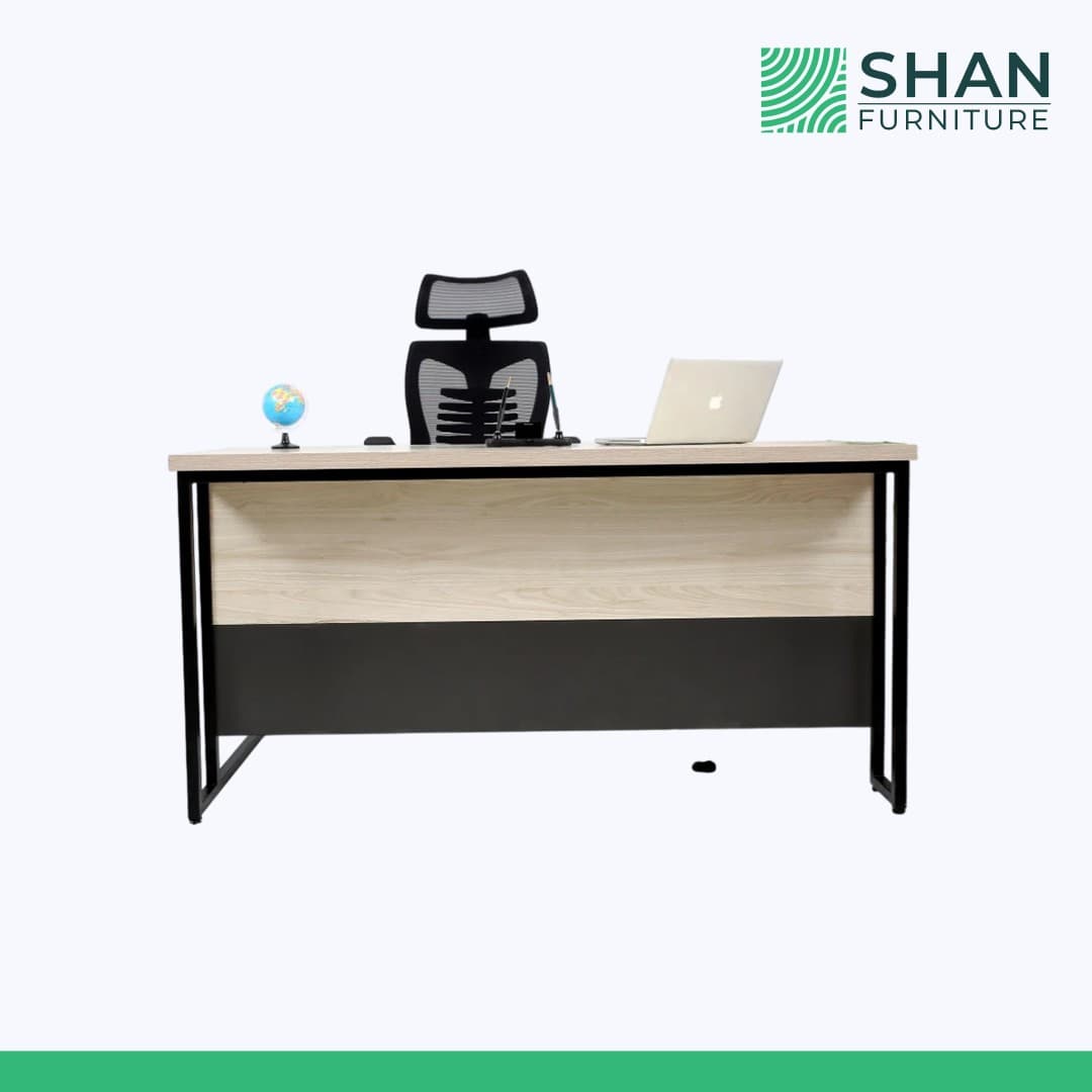 Light oak manager table with black panel frame