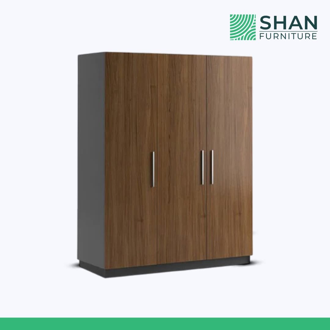 3-Door Walnut Wardrobe with Chrome Handles