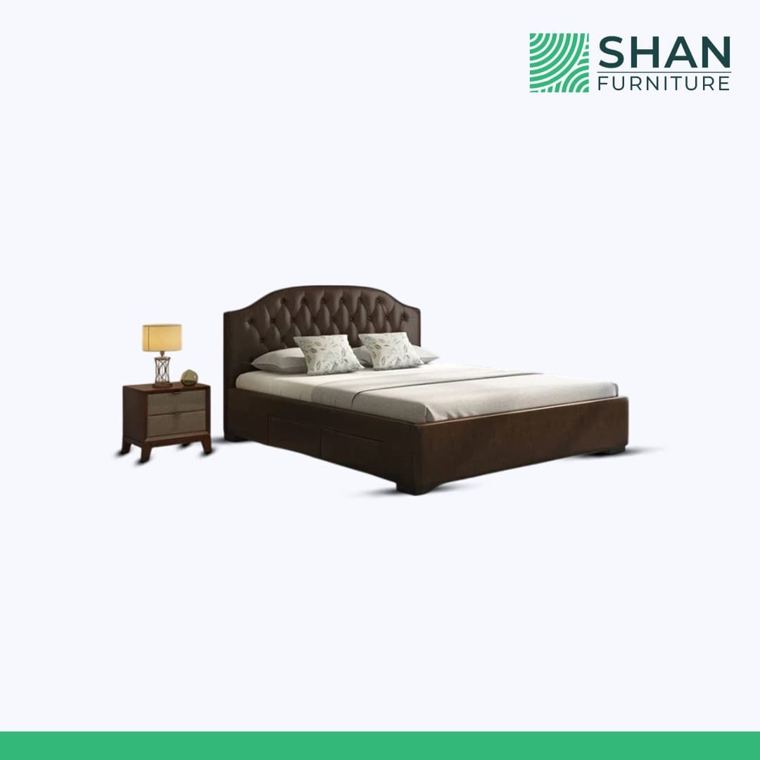 Brown Faux Leather Camelback Storage Bed with Nightstand