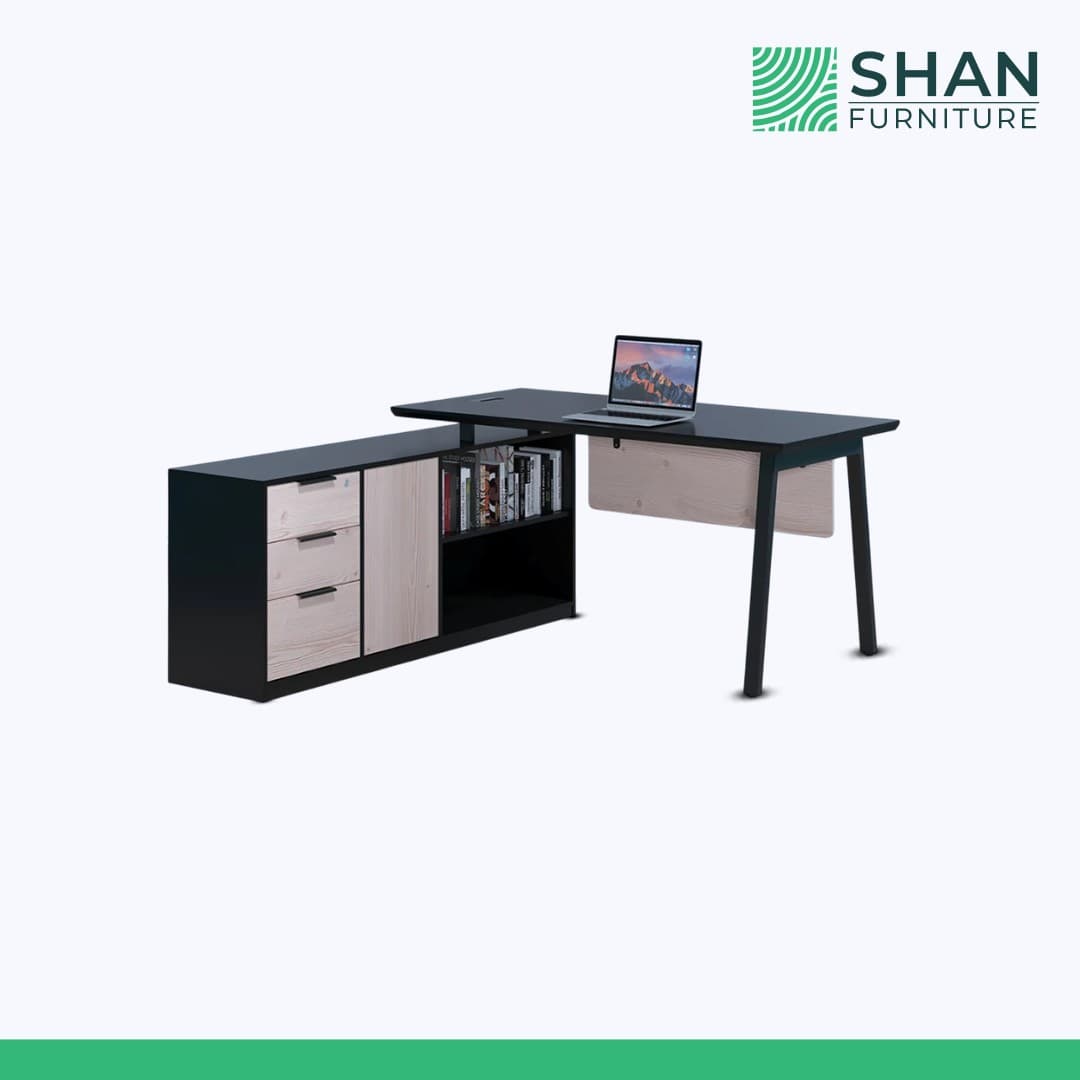 L-Shaped Manager Desk with Side Bookshelf Cabinet