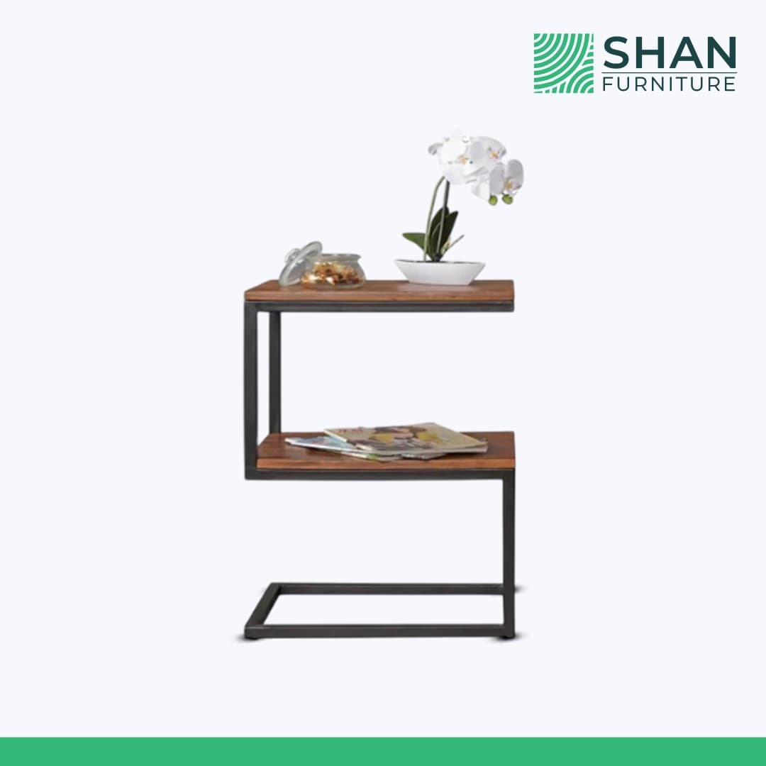 Two-tier C-shaped side table with wood shelves