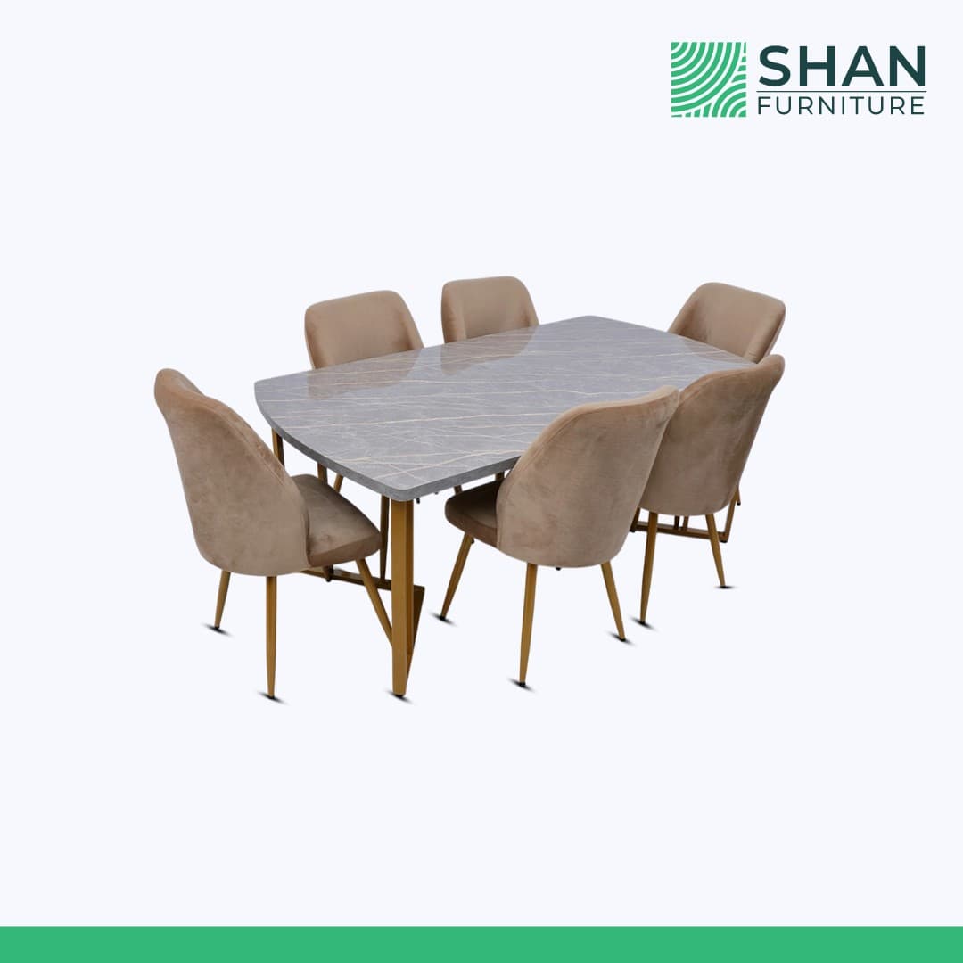 6-Seater Grey Marble Dining Table with Gold Frame