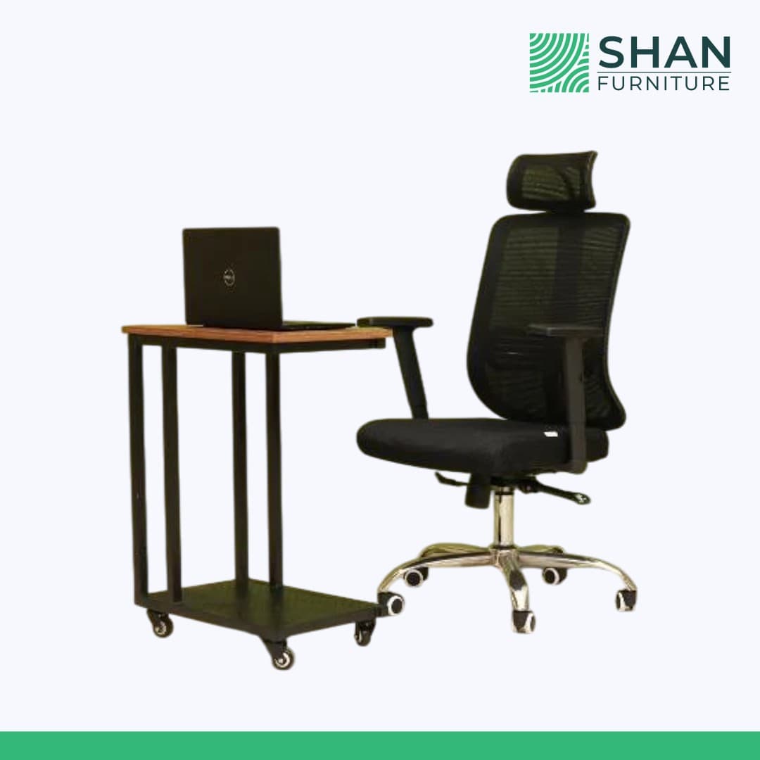 Mobile C-shaped laptop table with lower shelf and castor wheels