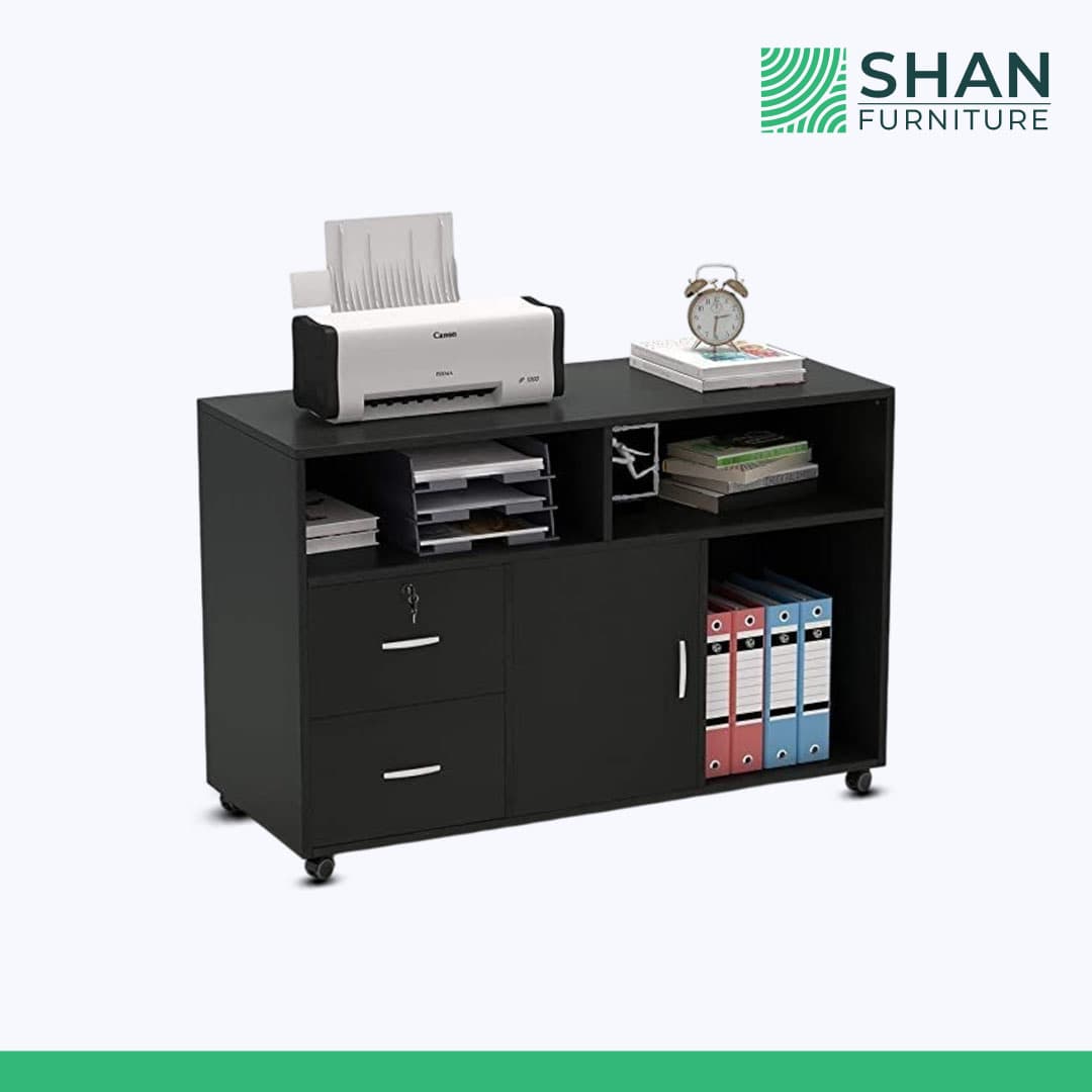 Black printer cabinet with lockable drawers and cabinet