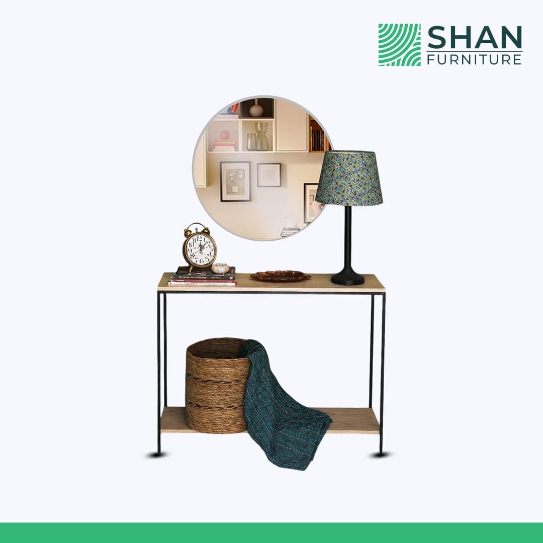 Wood-top console table with black open frame and lower shelf