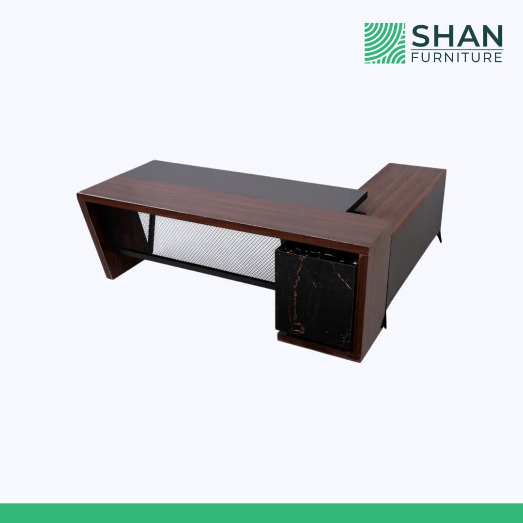L-Shaped Walnut Executive Desk with Marble Accent
