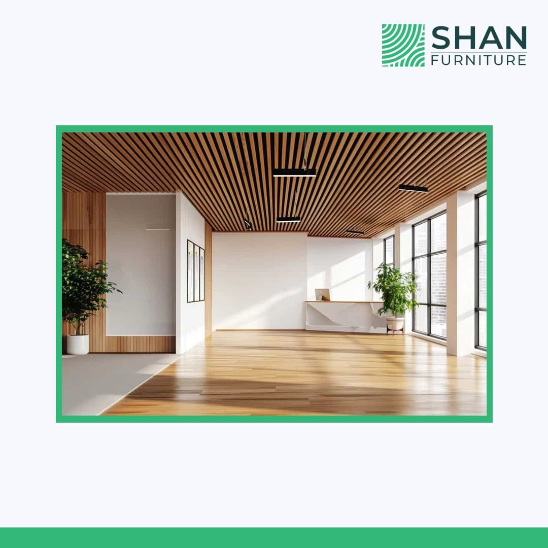 Wood-slat false ceiling above a reception area